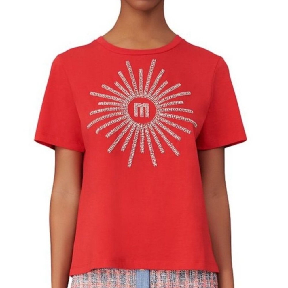 Maje tella rhinestone tee shirt size 1 red and silver bedazzled sequin tshirt